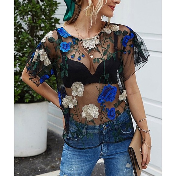 Tops - Sheer Floral Ruffle-Sleeve Scoop Neck Top